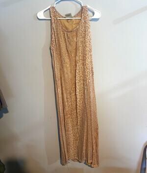 Saji Women Beige/White Floral Scoop Neck Chiffon Maxi Dress Lined Layered L